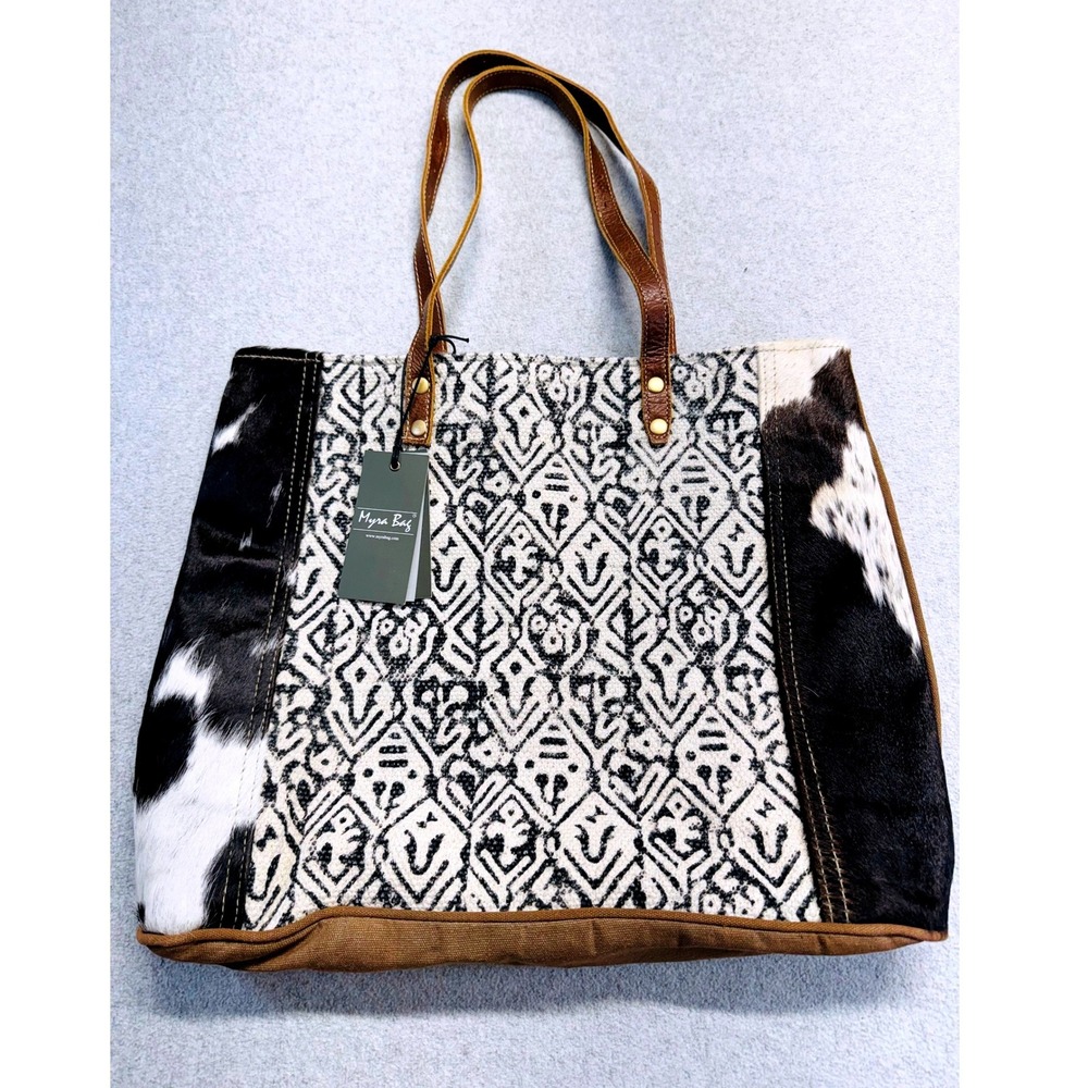 Myra Bag Tote Bag Womens L Black White Cowhide Upcycled Canvas Boho Western